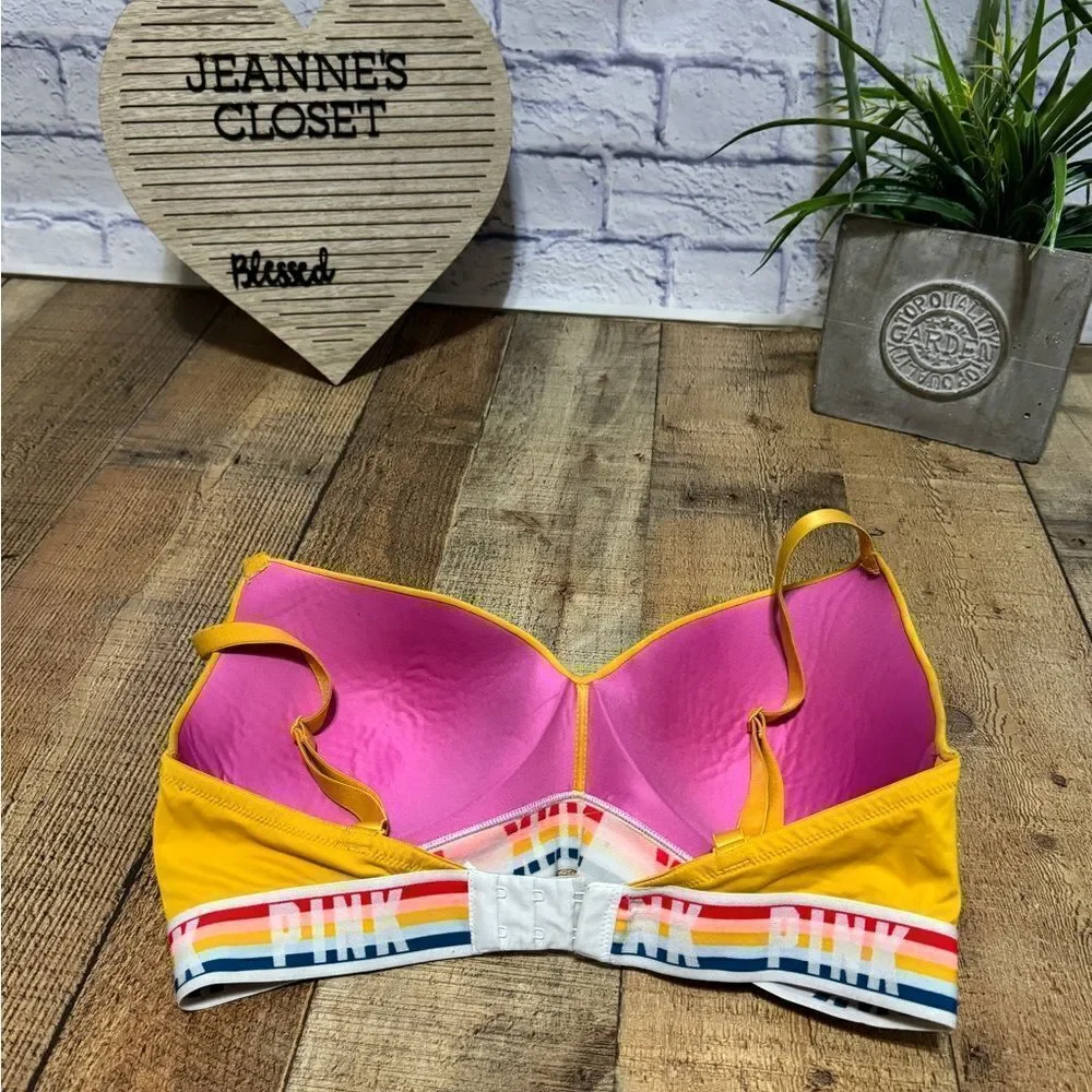 Victorias Secret PINK Wear Everywhere Wireless Lightly Lined Bra Yellow Rainbow